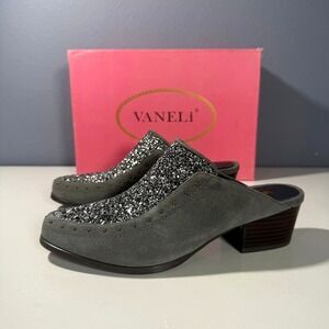 Vaneli Bary Taupe‎ Suede Glitter Studded Block Heel Mules Shoes Womens 6.5 M